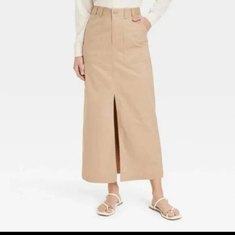 Chic Tan Maxi Utility Skirt Women’s XL‎ High Waist Belt Loops Casual Front Slit